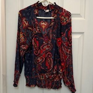 Elegant Paisley Print Blouse - Red and Blue